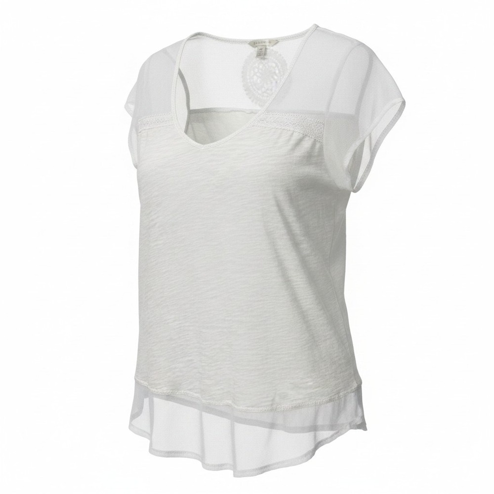 Lucky Brand Mesh Crochet Top Womens Medium White Excellent Sheer High Low Blouse